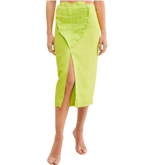 FARM Rio Dresses & Skirts - FARM Rio Lime Leaf Midi Skirt Linen Green S Tropical Vacation Resortwear NWT